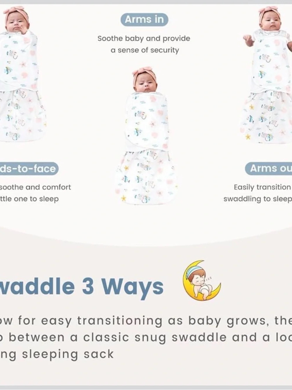 0-6 months Baby Swaddle Sleep Sack – White & Pink Sea Life Print
